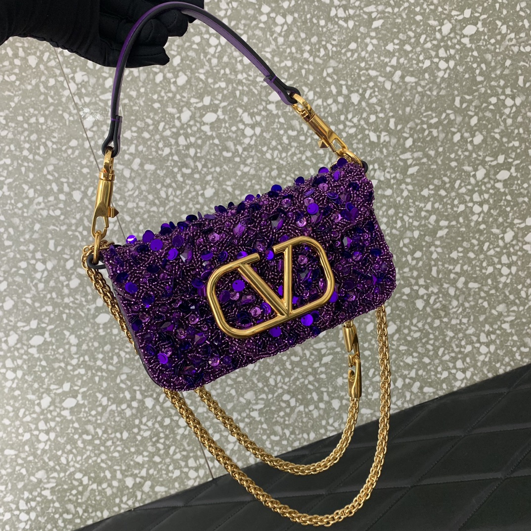 Valentino Garavani Loco Small Embroidered Shoulder Bag with Purple Beaded Fringes